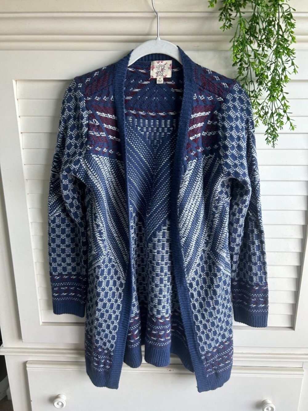 Hippie Rose Navy Blue and Red Geometric Print Long Sleeve Cardigan Sweater